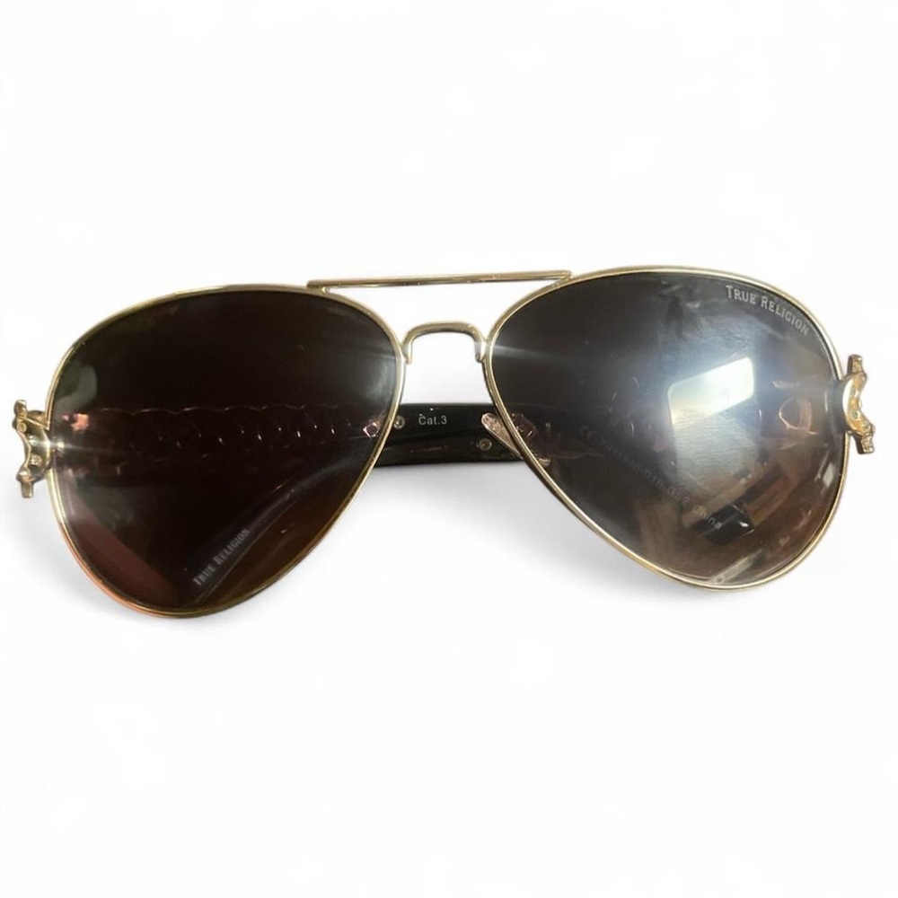 True Religion Aviator Sunglasses with Gold Frame and Brown Lenses